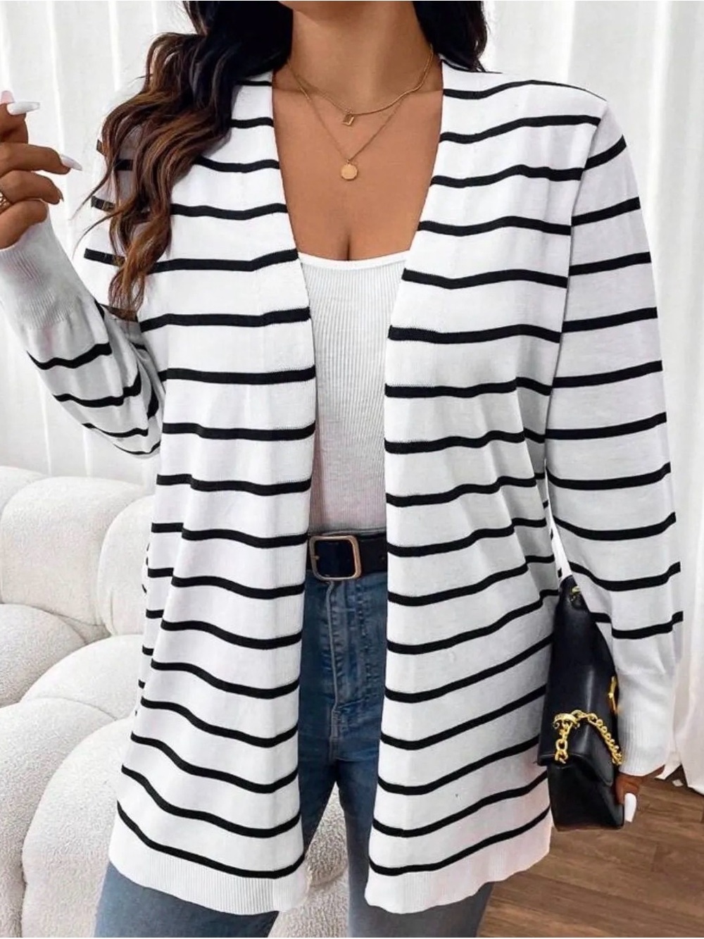 SHEIN Black and White Striped Open-Front Cardigan
